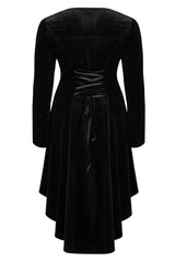 Black Gorgeous Velvet Fabric Embroidered Jacquard Neckline Irregular Hem Trumpet Sleeve Women's Gothic Dress - Product - 4
