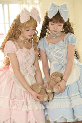 Pink [Petal Bunny] Cotton Square Collar Short Sleeves Double-Layered Ruffled Bow Lace Lace-Up Sweet Lolita Dress - Product - 19