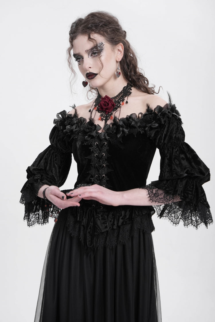 Black Off Shoulder Long Sleeves Ruffle Embroidery Lace-Up Women's Gothic Blouse - Product - 4