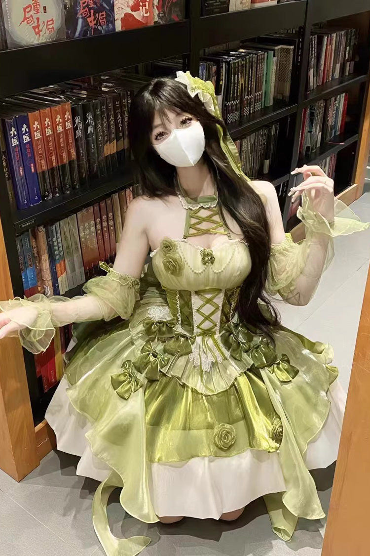 Green [Camellia Covenant] Halterneck Ruffled Bow Lace Lace-Up Sweet Lolita Jsk Dress - Green - 1