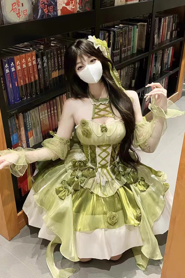 Green [Camellia Covenant] Halterneck Ruffled Bow Lace Lace-Up Sweet Lolita Jsk Dress - Green - 1