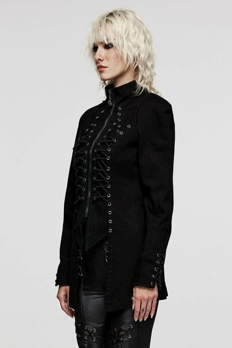 Black Denim Eyelet Rope Stand Collar Zipper Slim Irregular Womens Steampunk Coat - Product - 2