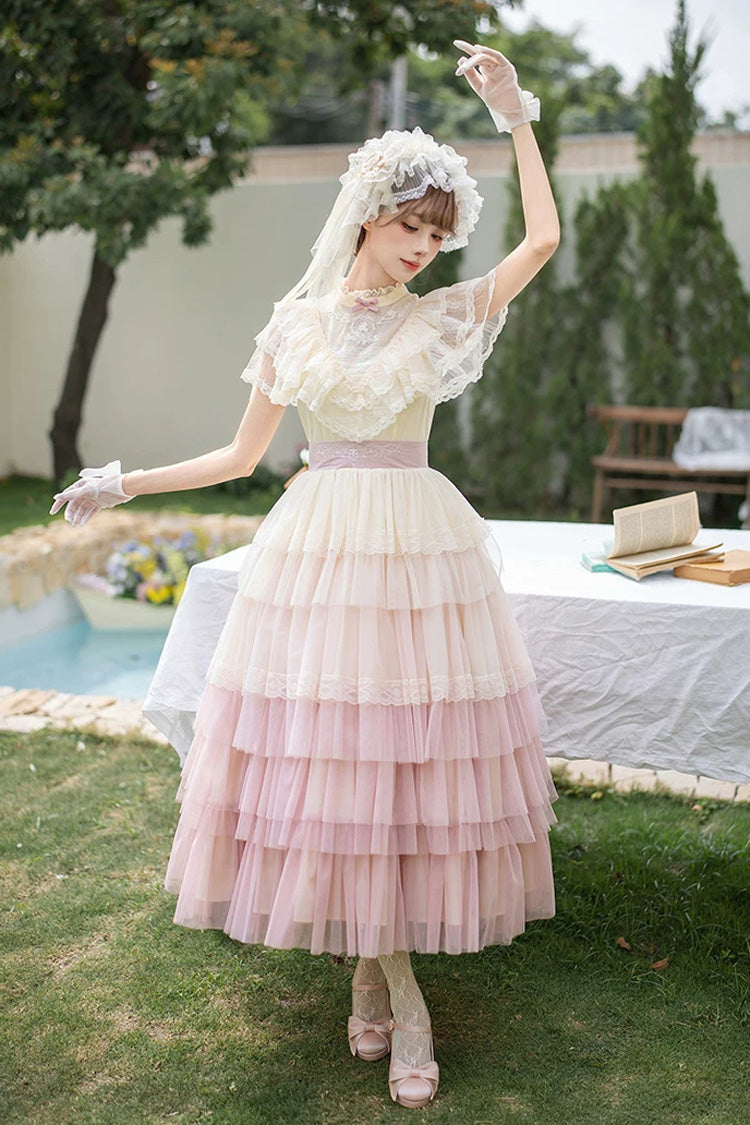 Pink [Sincere Vow] Edwardian Collar Short Sleeves Ombre Multi-Layered Ruffled Embroidered Sweet Lolita Dress - Product - 15