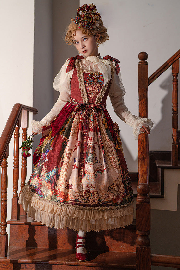 Red [Kaleidoscope of Dreams] Sleeveless Double-Layered Print Embroidery Bowknot Classic Vintage Gorgeous Lolita Jsk Dress - Product - 13