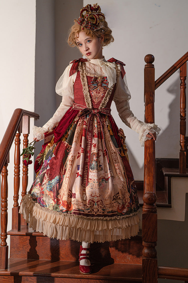 Red [Kaleidoscope of Dreams] Sleeveless Double-Layered Print Embroidery Bowknot Classic Vintage Gorgeous Lolita Jsk Dress - Product - 13