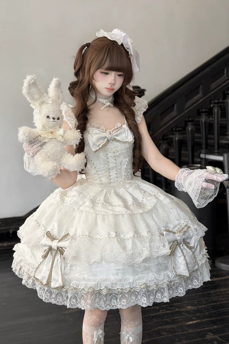 White [Day and Night Duality] Square Collar Sleeveless Multi-Layered Jacquard Ruffled Bow Lace Sweet Lolita Jsk Dress - Product - 3