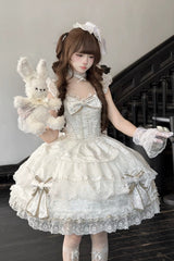 White [Day and Night Duality] Square Collar Sleeveless Multi-Layered Jacquard Ruffled Bow Lace Sweet Lolita Jsk Dress - Product - 3