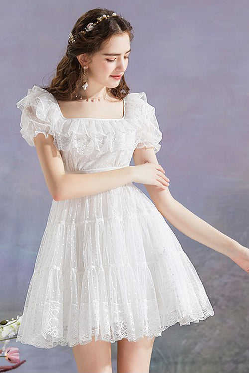 White Vintage Square Collar Ruffled Princess Short Sleeve Dot Print High Waisted Mesh Sweet (Dress Only) detail view 2