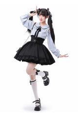 Black/Blue Off Shoulder Long Sleeves Ruffle Bowknot Sweet Jirai Kei Japanese Set - Product - 5