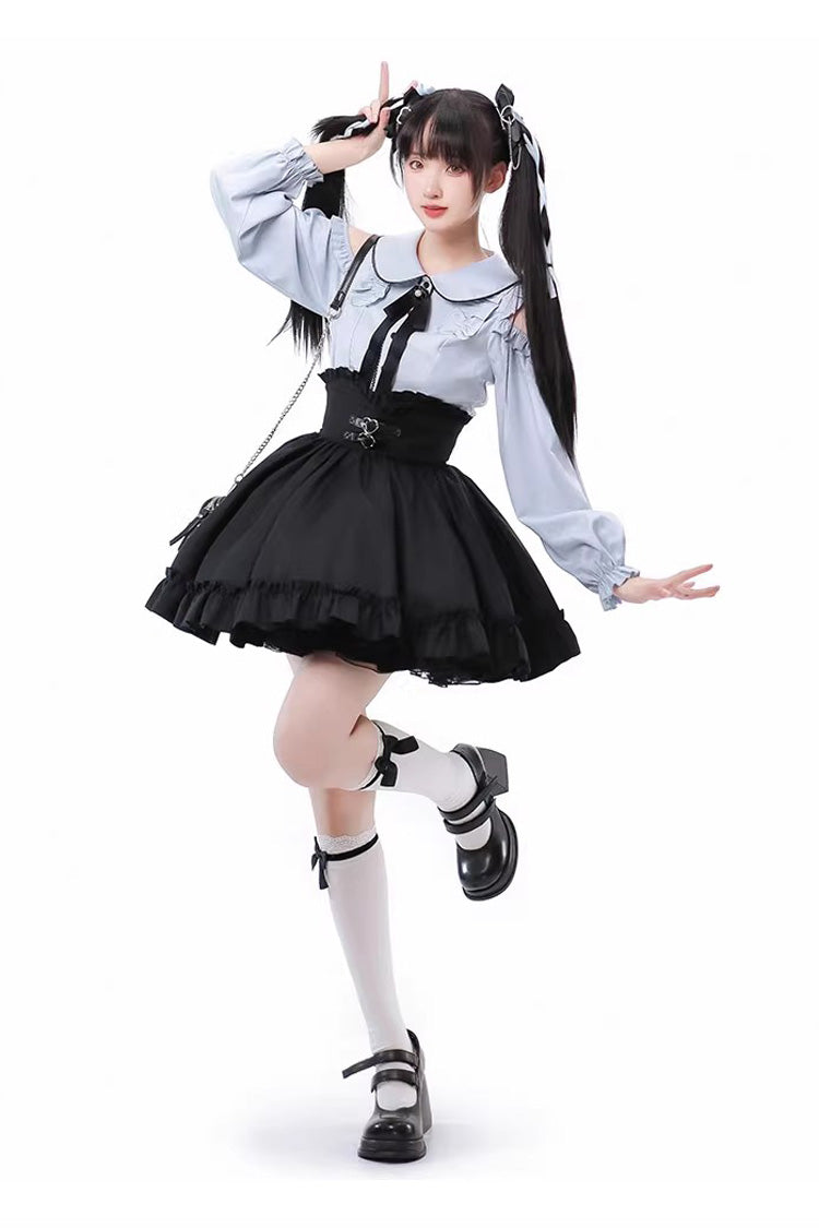 Black/Blue Off Shoulder Long Sleeves Ruffle Bowknot Sweet Jirai Kei Japanese Set - Product - 5