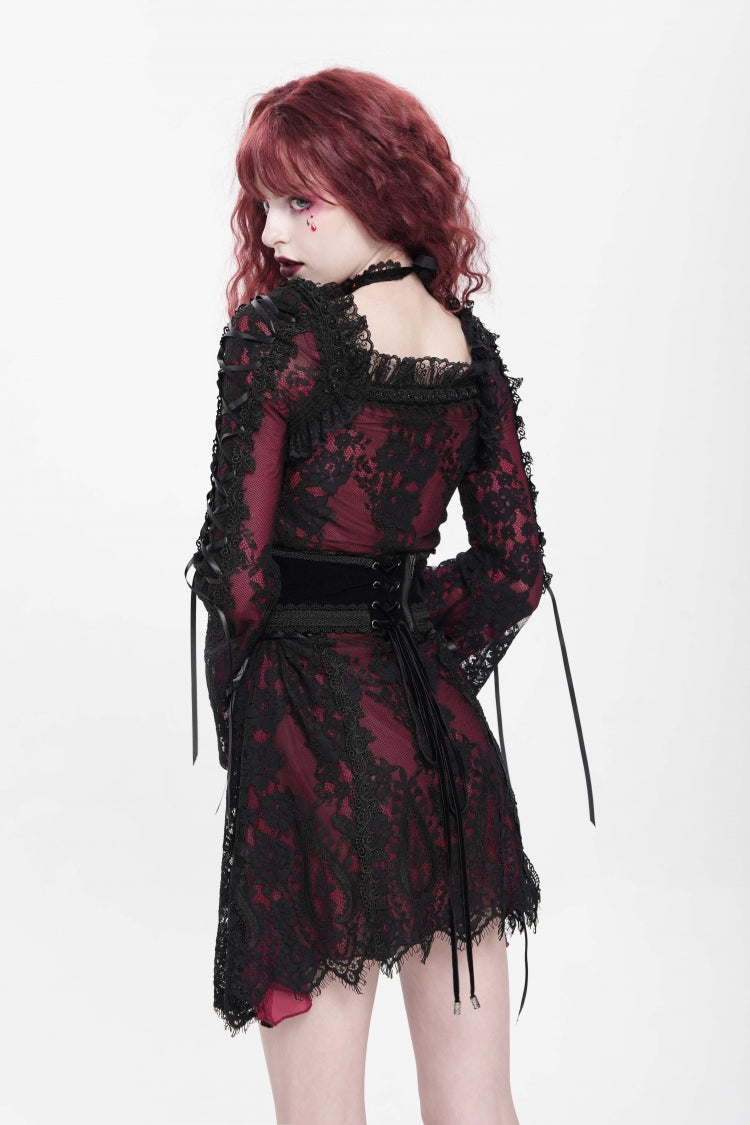 Red Square Collar Long Sleeves Floral Embroidery Lace Lace-Up Women's Gothic Dress - Product - 3
