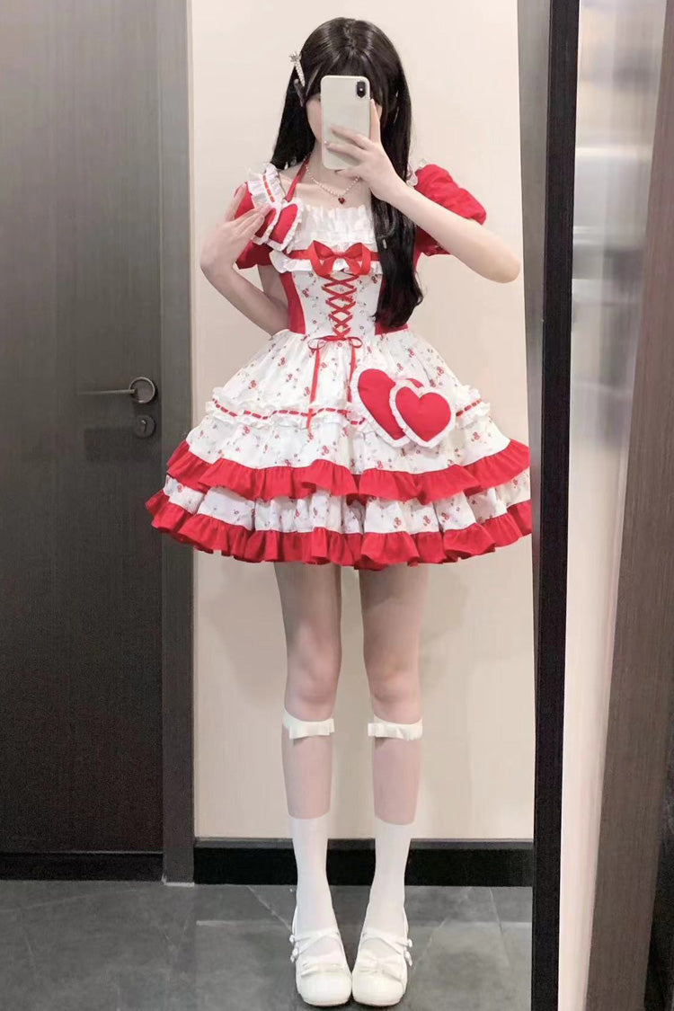 Red Double-Layered Floral Print Ruffle Bowknot Sweet Lolita Dress - Product - 8