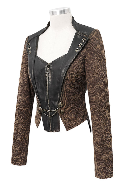 Brown Jacquard Slim Print Short Womens Punk Jacket - Product - 5
