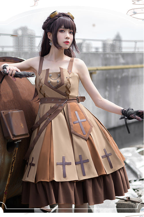 Brown Retro Military Style Dawn Classic Lolita JSK Dress Full Set - Product - 4