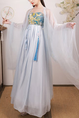 Blue Chinese Style Song Dynasty Fairy Long Embroidered Sweet Hanfu Dress Full Set - Blue - 1