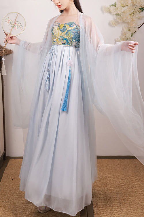 Blue Chinese Style Song Dynasty Fairy Long Embroidered Sweet Hanfu Dress Full Set - Blue - 1