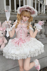 Pink [Pearl Ballet] Square Collar Sleeveless Multi-Layered Ruffled Bow Lace-Up Pearl-Decorated Sweet Ballet Lolita Jsk Dress - Product - 6