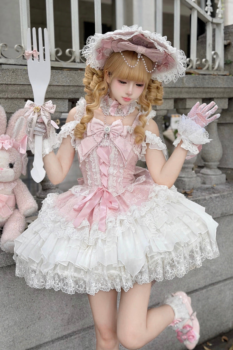 Pink [Pearl Ballet] Square Collar Sleeveless Multi-Layered Ruffled Bow Lace-Up Pearl-Decorated Sweet Ballet Lolita Jsk Dress - Product - 6