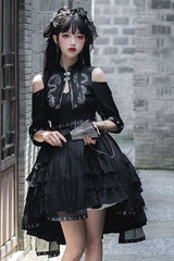 Dark Boat Neck Dragon Print Chinese Style High Waisted Multi-Layer Ruffled Gothic Lolita Jsk Dress - Product - 5