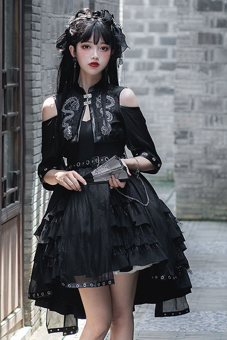 Dark Boat Neck Dragon Print Chinese Style High Waisted Multi-Layer Ruffled Gothic Lolita Jsk Dress - Product - 5