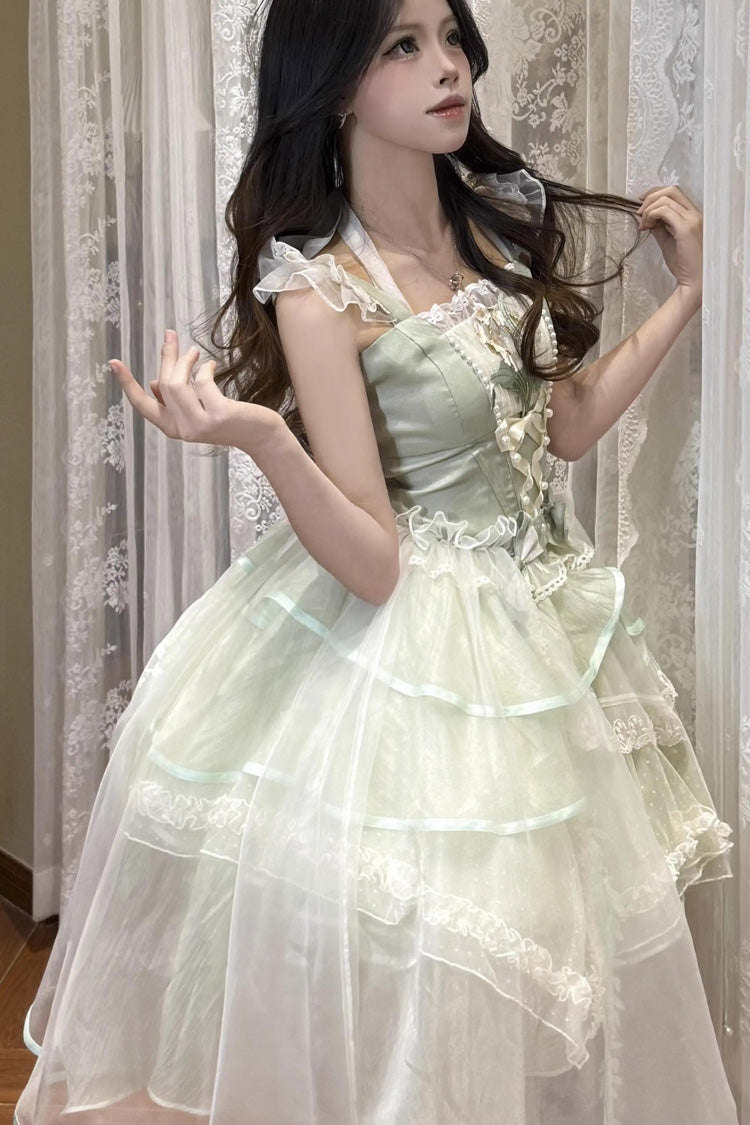 Green [Lily of the Valley Summer] Polka Dot Print Ruffle Bowknot Lace-Up Sweet Princess Lolita Jsk Dress - Product - 5