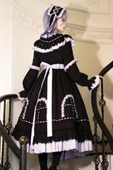 Black [Twin Lilian] Round Collar Long Sleeves Double-Layered Ruffled Bow Lace-Up Gothic Lolita Dress - Product - 11