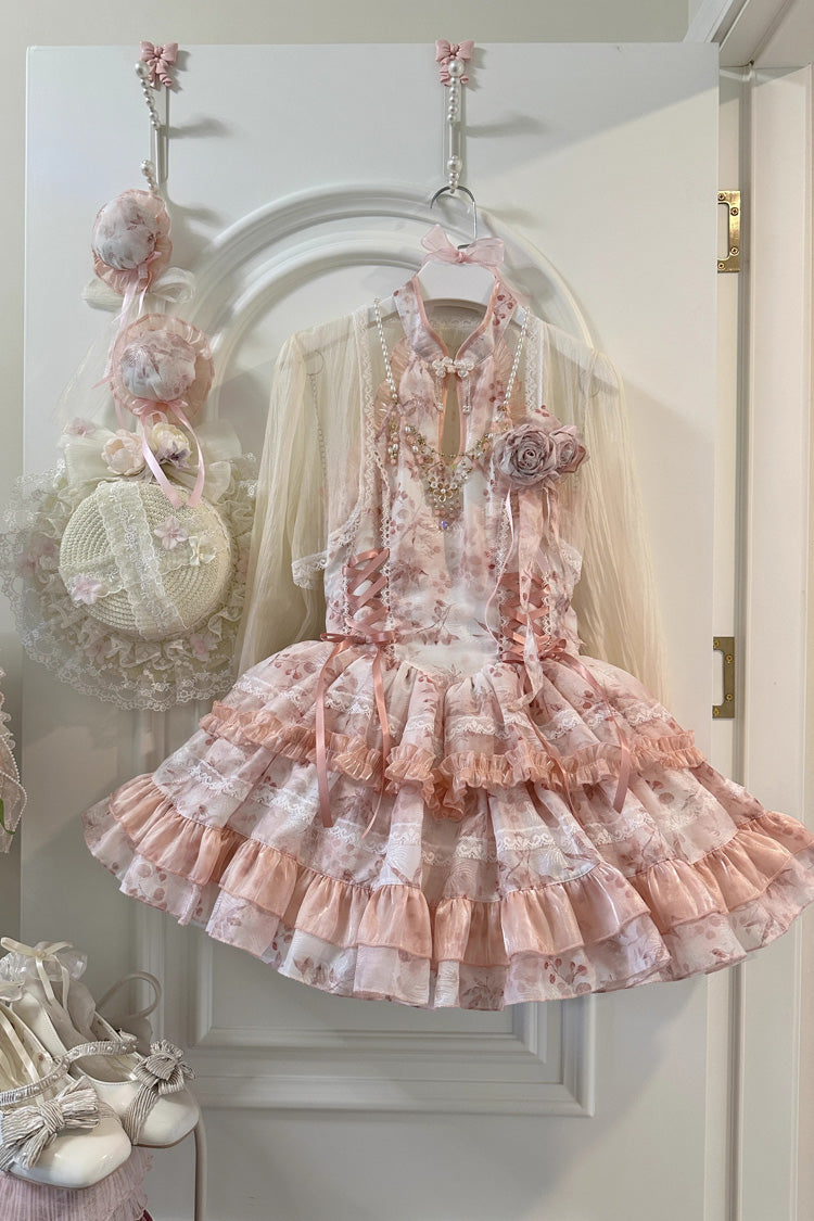 Peach Moon Bamboo Halterneck Multi-layer Print Ruffle Sweet Chinese Style Lolita Dress 2 Colors - Product - 2