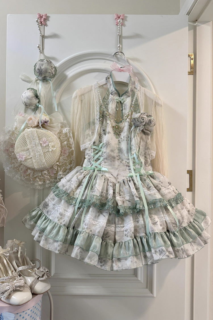 Peach Moon Bamboo Halterneck Multi-layer Print Ruffle Sweet Chinese Style Lolita Dress 2 Colors - Product - 3