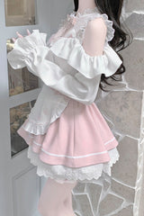 White/Pink Off Shoulder Long Sleeves Ruffle Bowknot Lace Sweet Jirai Kei Skirt - Product - 6