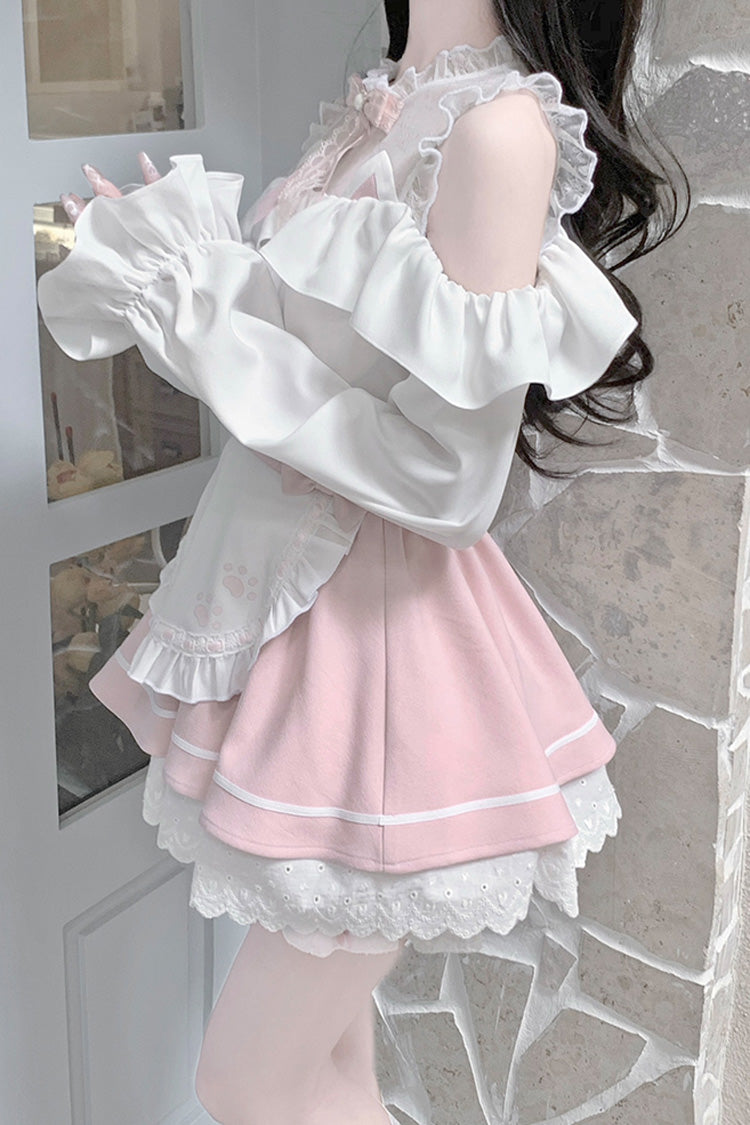 White/Pink Off Shoulder Long Sleeves Ruffle Bowknot Lace Sweet Jirai Kei Skirt - Product - 6