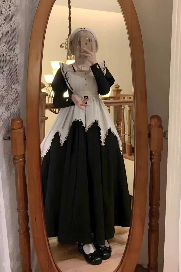 Black/White Nun Style Maid Long Puff Sleeves Slim Gothic Lolita Dress - Product - 4