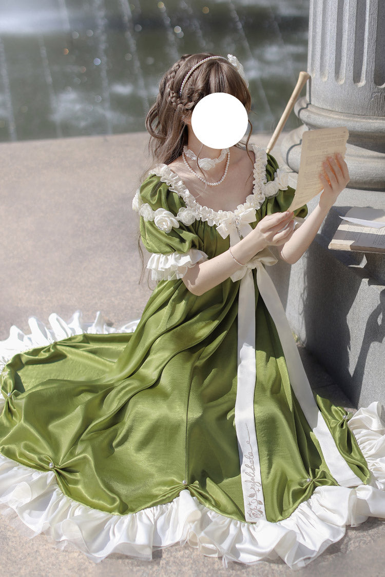 Green Square Collar Short Sleeves Ruffle Bowknot Sweet Regency-Style Vintage (Dress Only) detail view 2