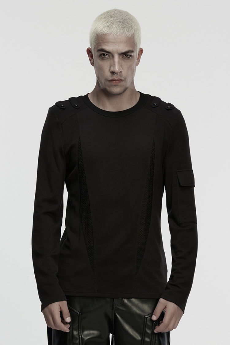 Black Round Collar Long Sleeves Cut-Out Spliced Mesh Men's Punk T-Shirt - Black - 1