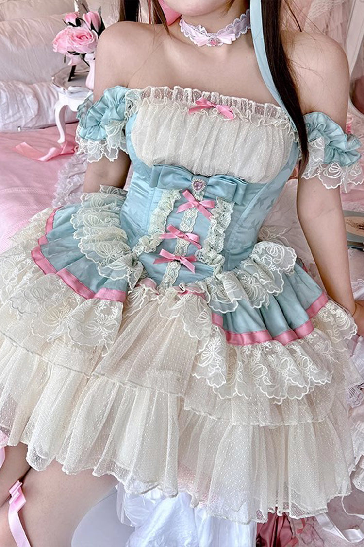 Blue/White [Girly Scent] Triple-Layered Ruffle Bowknot Lace Sweet Ballet Lolita Dress - Product - 3