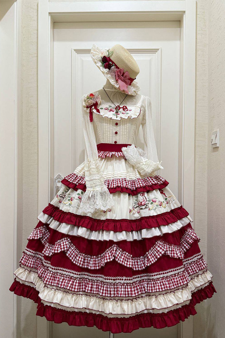Red [Strawberry Basket] Square Collar Multi-Layered Printed Ruffled Embroidered Bow Sweet Lolita Jsk Dress - Product - 3