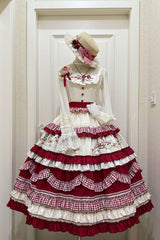Red [Strawberry Basket] Square Collar Multi-Layered Printed Ruffled Embroidered Bow Sweet Lolita Jsk Dress - Product - 3