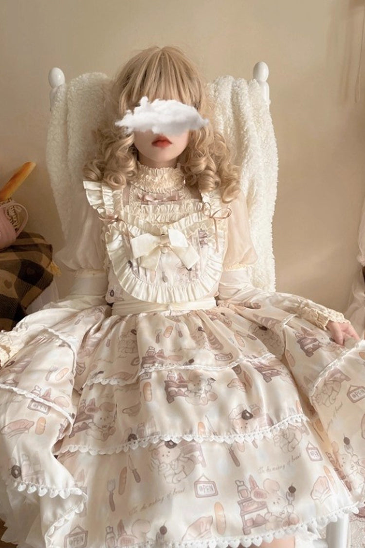 Beige Sleeveless Triple-Layered Print Ruffle Bowknot Sweet Plus Size Lolita Jsk Dress - Product - 10