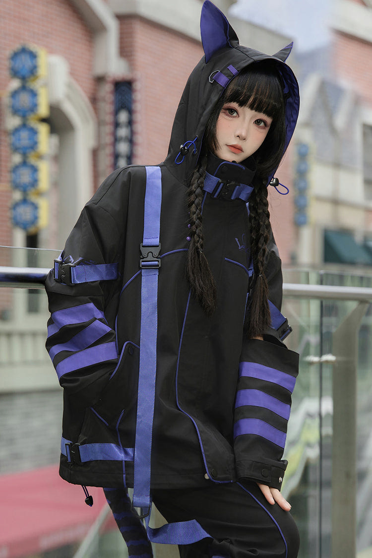 Blue/Black Long Sleeves Print Cat Ears Hooded Jirai Kei Handsome Coat - Product - 6