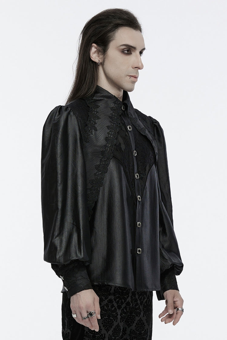 Black Long Puff Sleeves Spliced Lace Men's Gothic Shirt - Product - 2