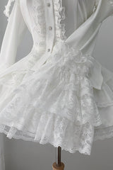 White [Snowy Night Princess] Lapel Collar Long Hime Sleeves Ruffled Bow Lace Gothic Jirai Kei Japanese Skirt Set - Skirt(Only) - 14