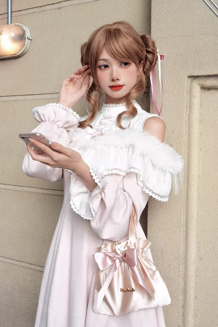 Pink [Little Love Song] Stand Collar Off Shoulder Long Sleeves Lace Sweet Japanese Elegant Lolita Dress - Product - 4