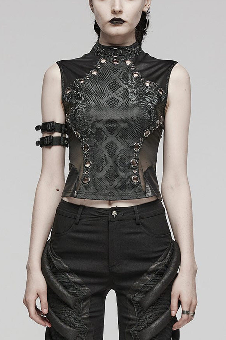Black Snake Print Metal Ring Decoration Hollow Womens Steampunk Vest - Black - 1