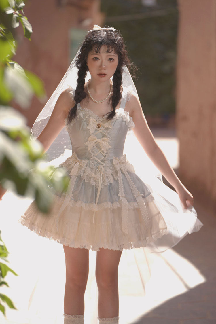 Blue [Sweetheart Splolita] Ruffle Bowknot Lace-Up Sweet Lolita Skirt Set - Product - 4