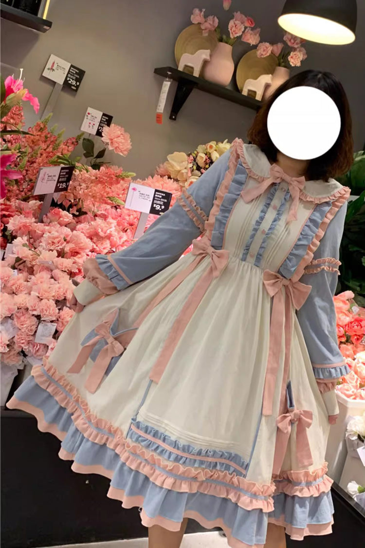Blue/Pink [Sweetheart Puff] Doll Collar Long Sleeves Ruffle Bowknot Sweet Plus Size Lolita Dress - Product - 5