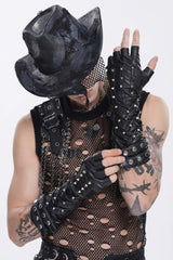 Black Studded Men's Punk Cool Fingerless Gloves - Product - 11