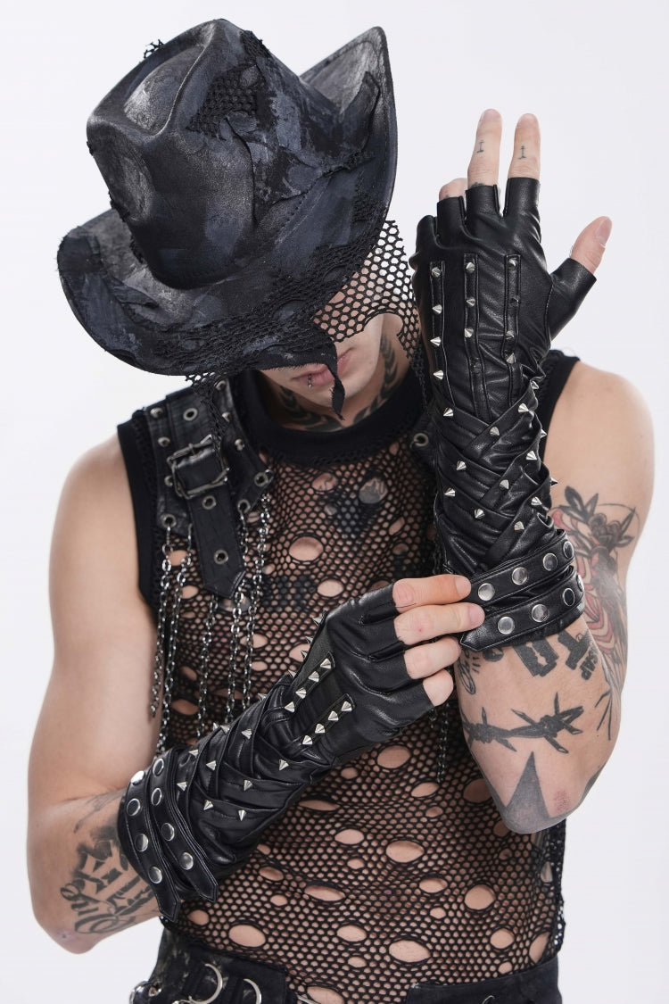 Black Studded Men's Punk Cool Fingerless Gloves - Product - 11