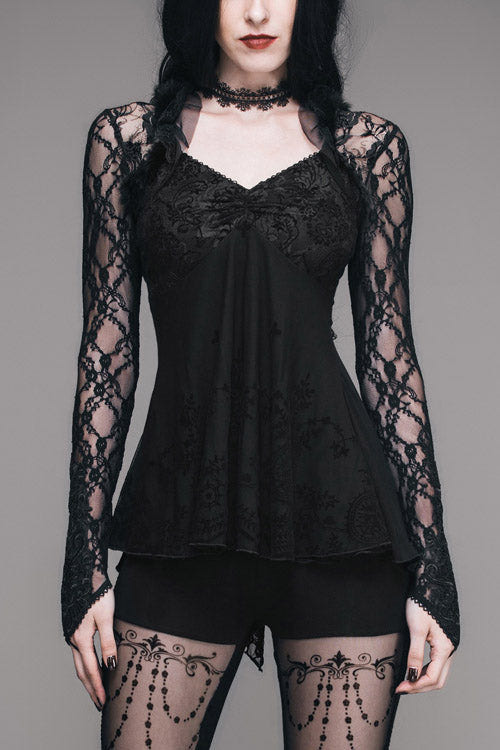 Black Sexy V Neck Mesh Long Sleeves Rose Lace Bottoming Women Gothic T-Shirt - Black - 1