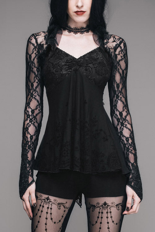 Black Sexy V Neck Mesh Long Sleeves Rose Lace Bottoming Women Gothic T-Shirt - Black - 1