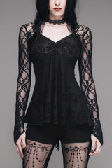 Black Sexy V Neck Mesh Long Sleeves Rose Lace Bottoming Women Gothic T-Shirt - Black - 1