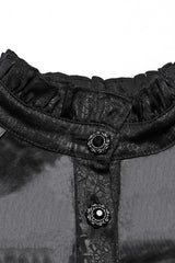Black Stand Collar Long Puff Sleeves Faux Leather Stitching Women's Gothic Blouse - Product - 5